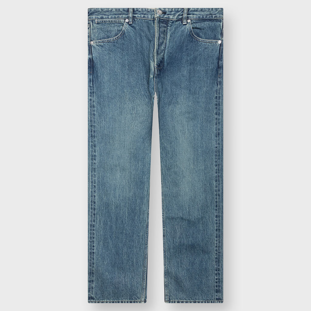 Washed and Bleached Raw Denim Trousers - Blue