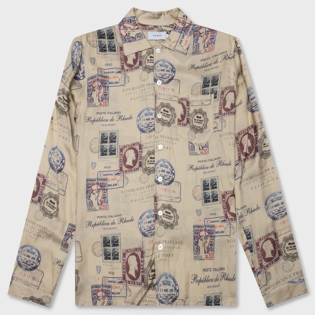 Passport Stamp Print Shirt - Beige/Multi