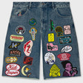 Patches Denim Shorts - Washed Blue