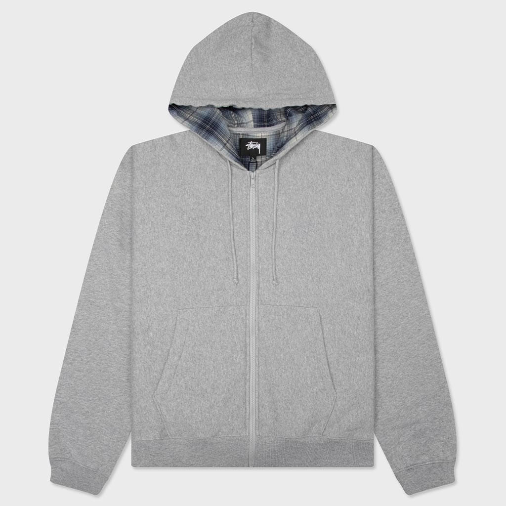 Plaid Lined Zip Hoodie - Grey Heather