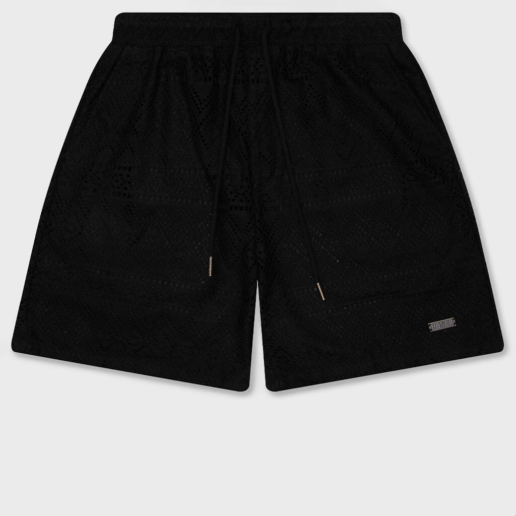 Pointelle Crochet Drawcord 7" Shorts - Black