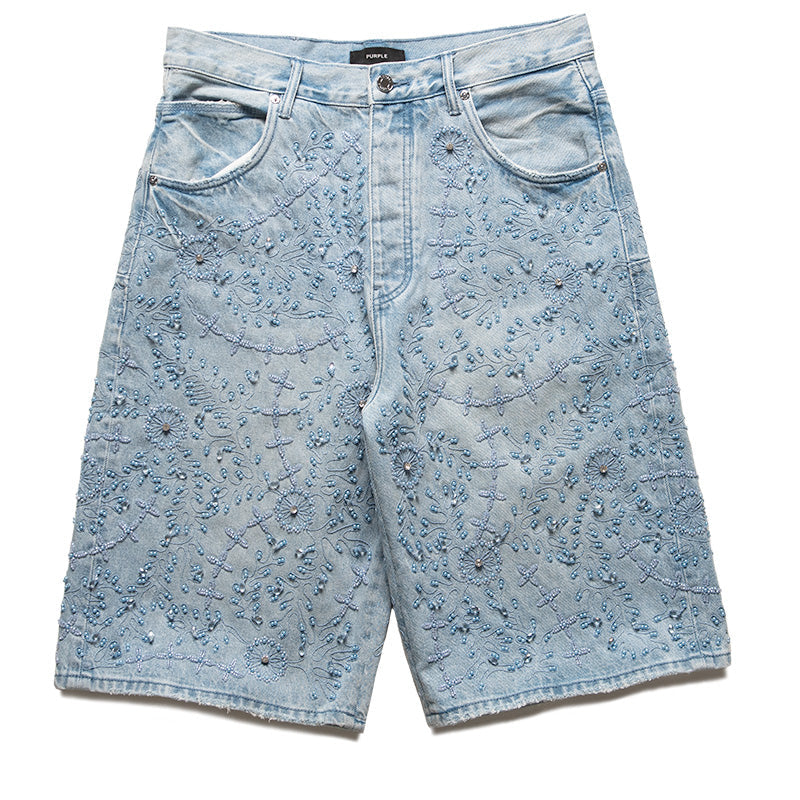 Purple Brand Embellished Denim Shorts - Light Indigo