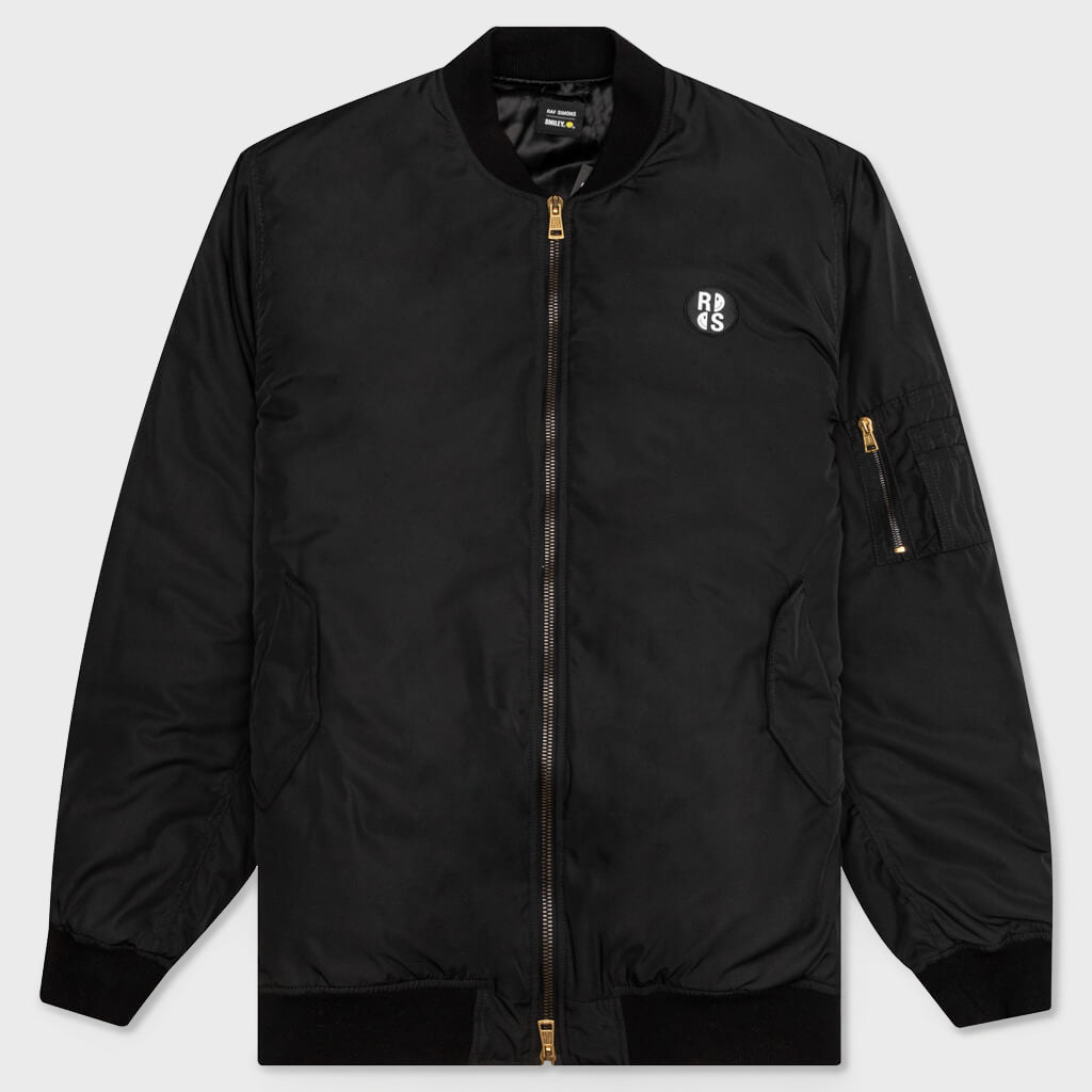 Print and Badge Bomber Jacket - Black