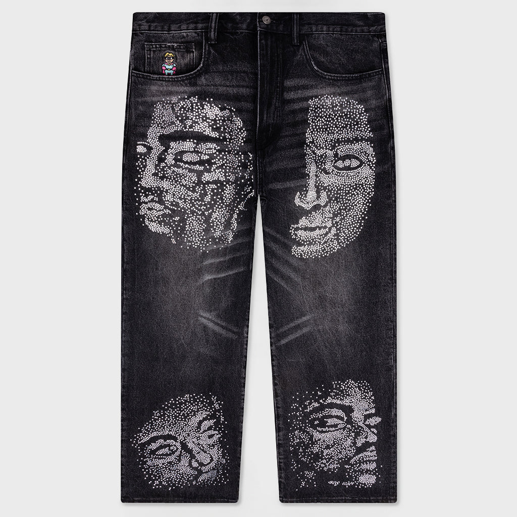 Rhinestone Face Jeans - Black