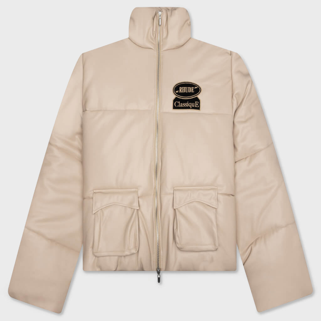 Embroidered Puffer Jacket - Tan