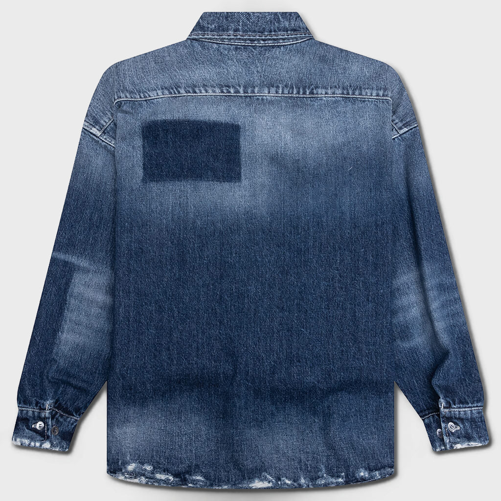 Virgin Wool Shirt With Knitted Patches - Deep Blue