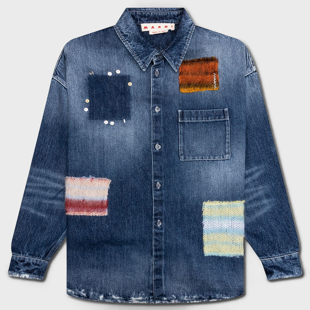 Virgin Wool Shirt With Knitted Patches - Deep Blue