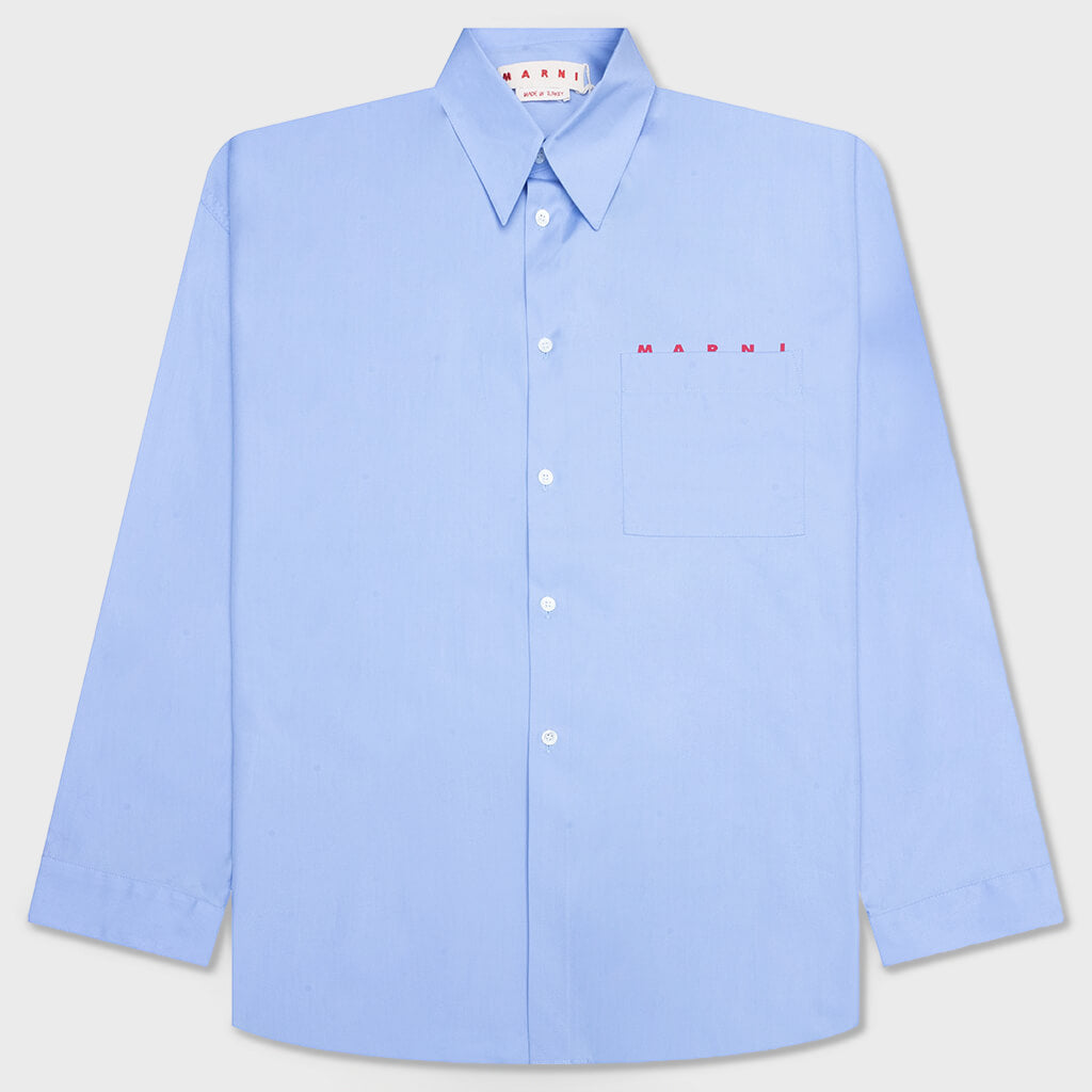 Light Blue Organic Poplin Shirt With Peeping Logo - Iris/Blue