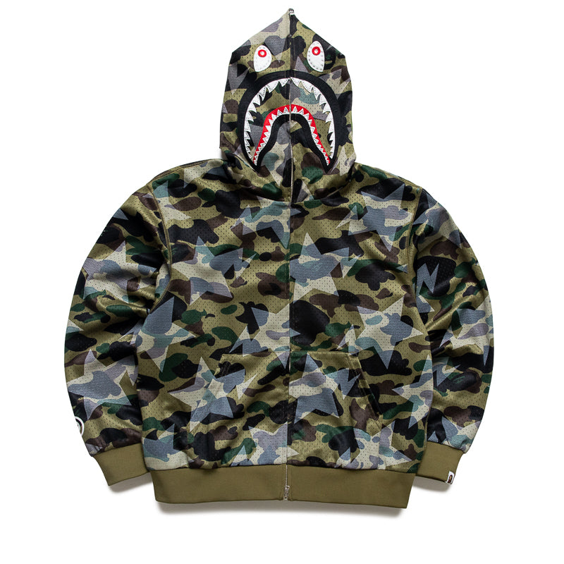 A Bathing Ape Sta Over Print 1st Camo Mesh Shark Full Zip Hoodie - Green