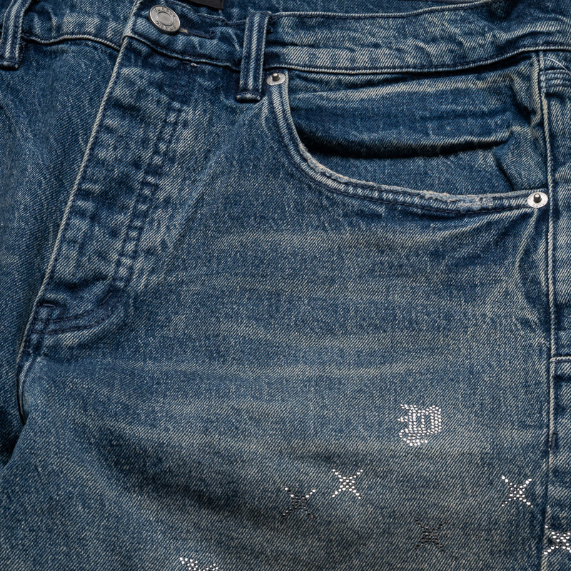 Purple Brand Mid Rise Slim Straight Leg Vintage Monogram Bling Jean - Mid Indigo