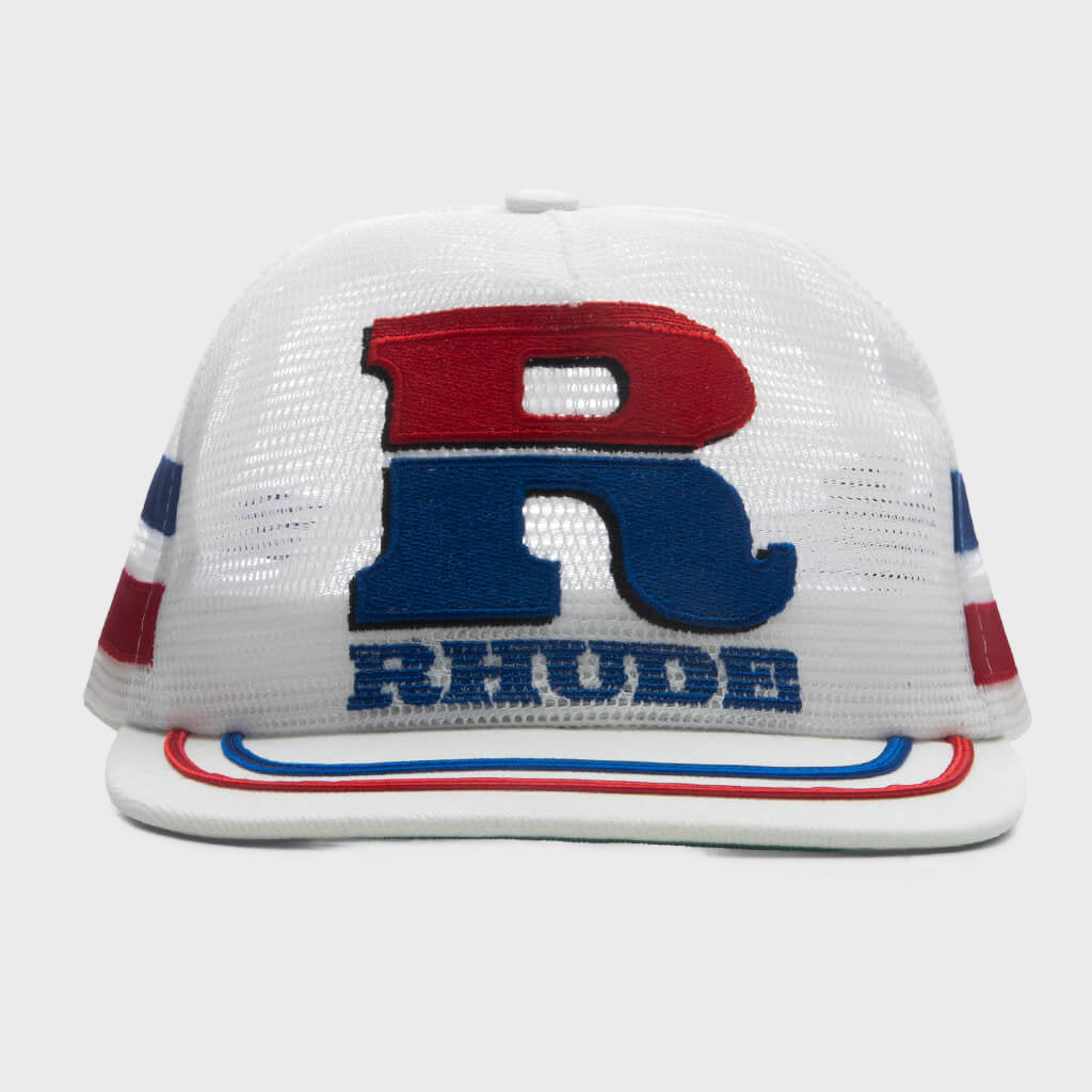 Split Petrol Logo Mesh Trucker Hat - White/Red/Blue