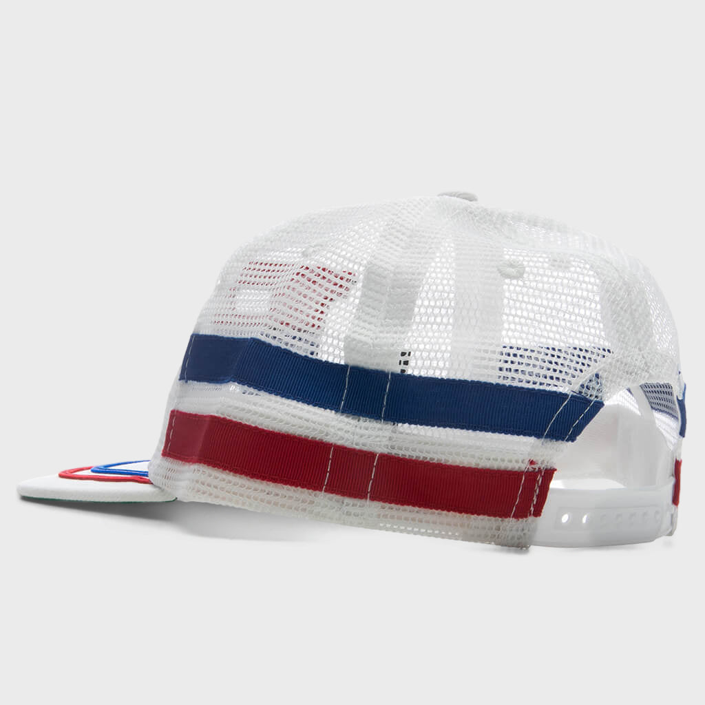 Split Petrol Logo Mesh Trucker Hat - White/Red/Blue