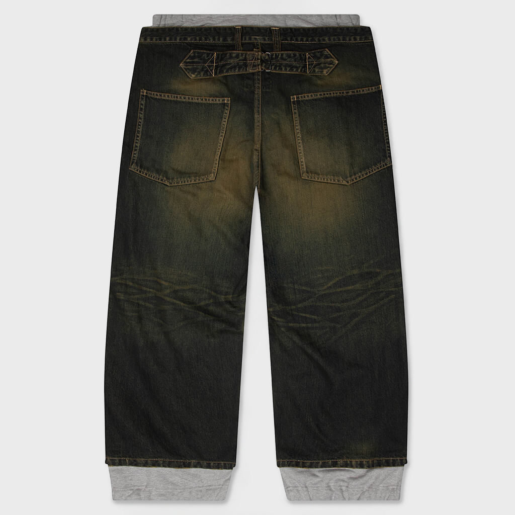 Sweat Pants Combined Denim Pants - Indigo