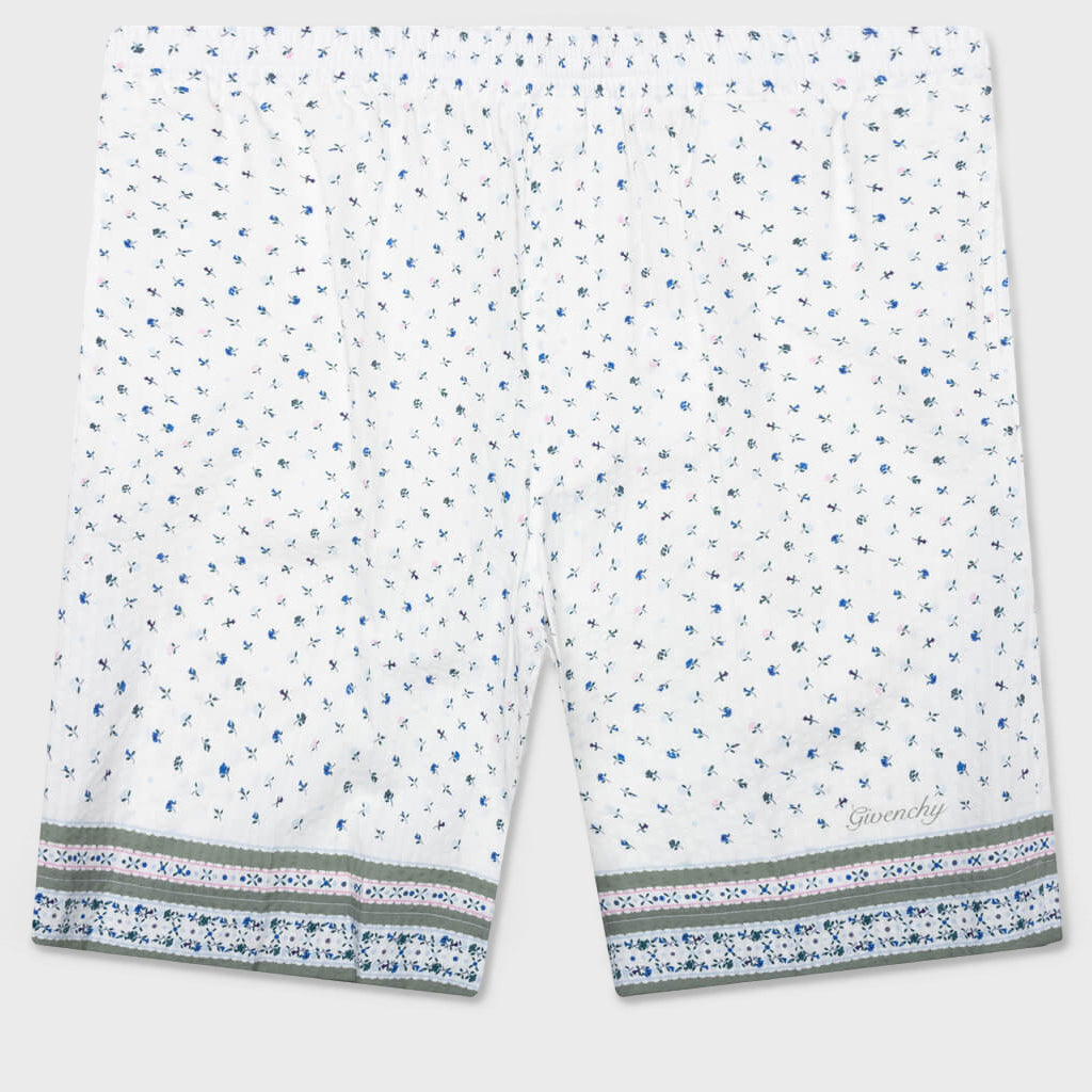 Printed Seersucker Cotton Bermuda Shorts - Cream/Green
