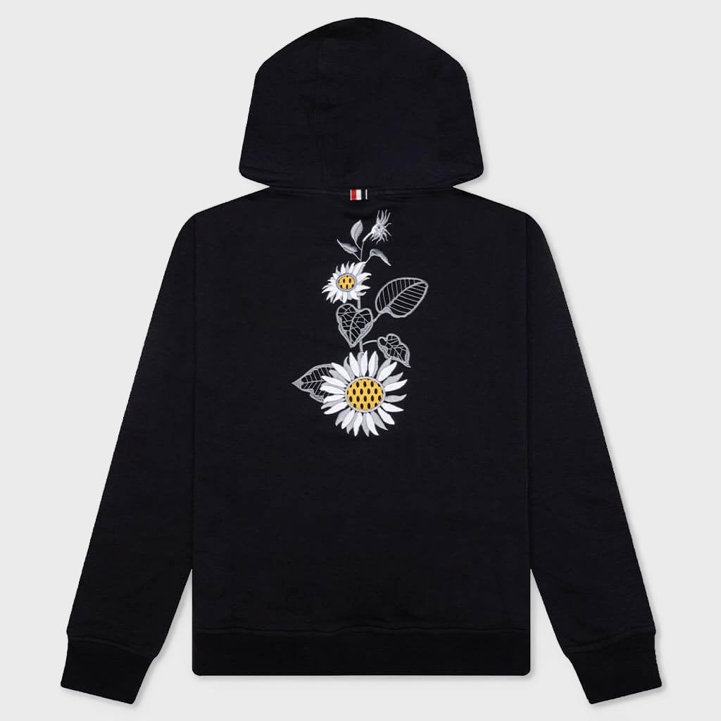 Relaxed Fit Hoodie Pullover w/ Broderie Anglaise Flower - Navy