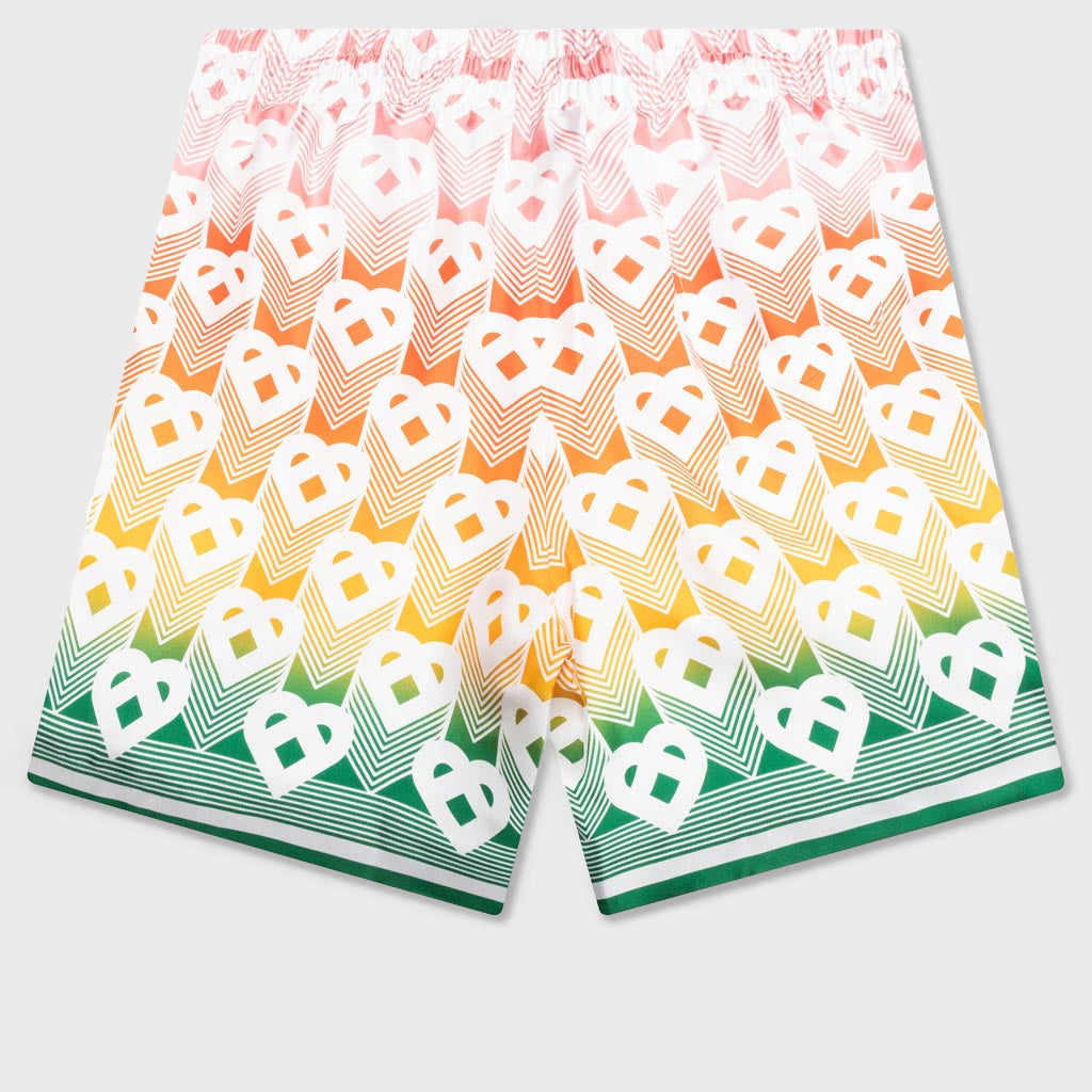 Unisex Silk Shorts With Drawstrings - Heart Monogram Gradient