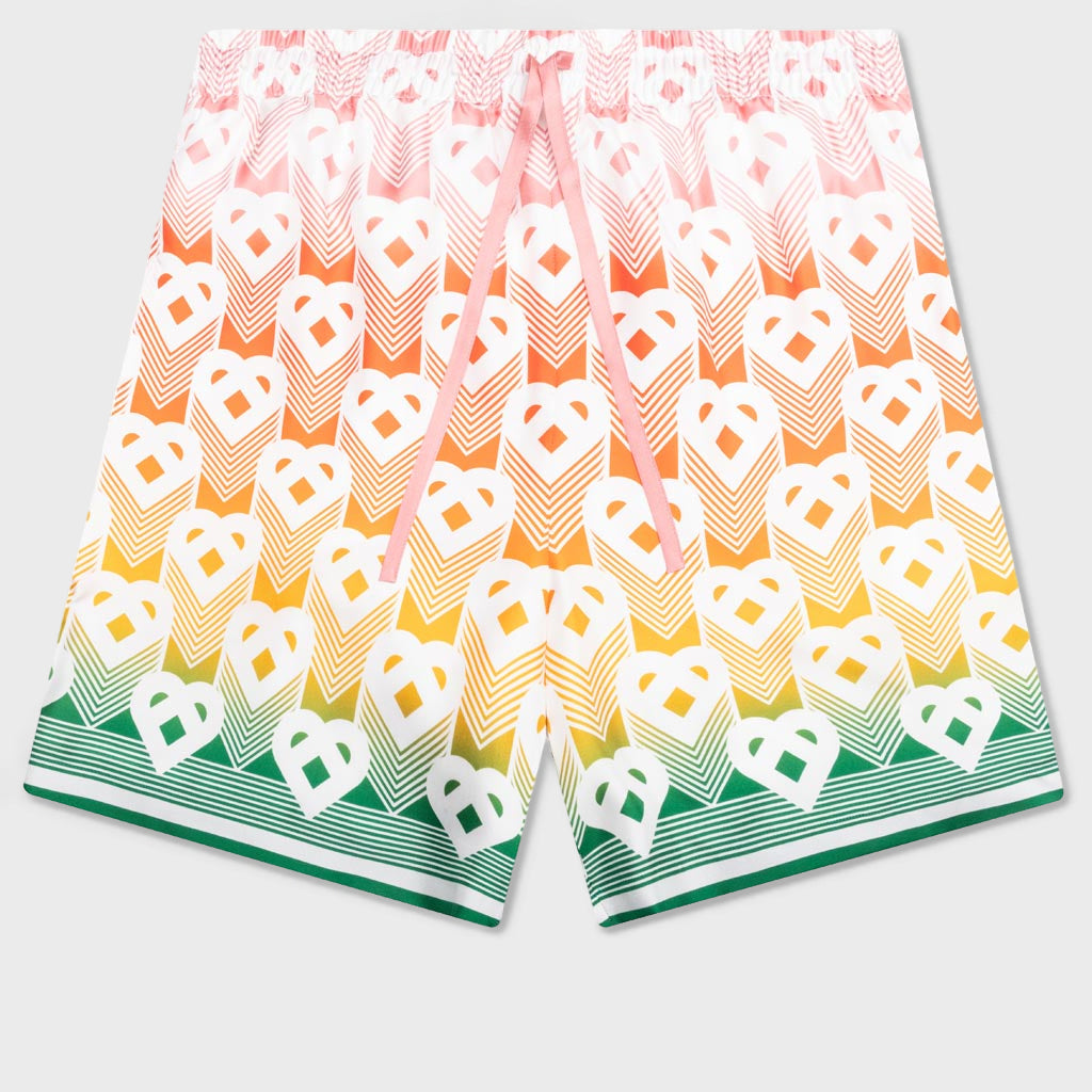 Unisex Silk Shorts With Drawstrings - Heart Monogram Gradient