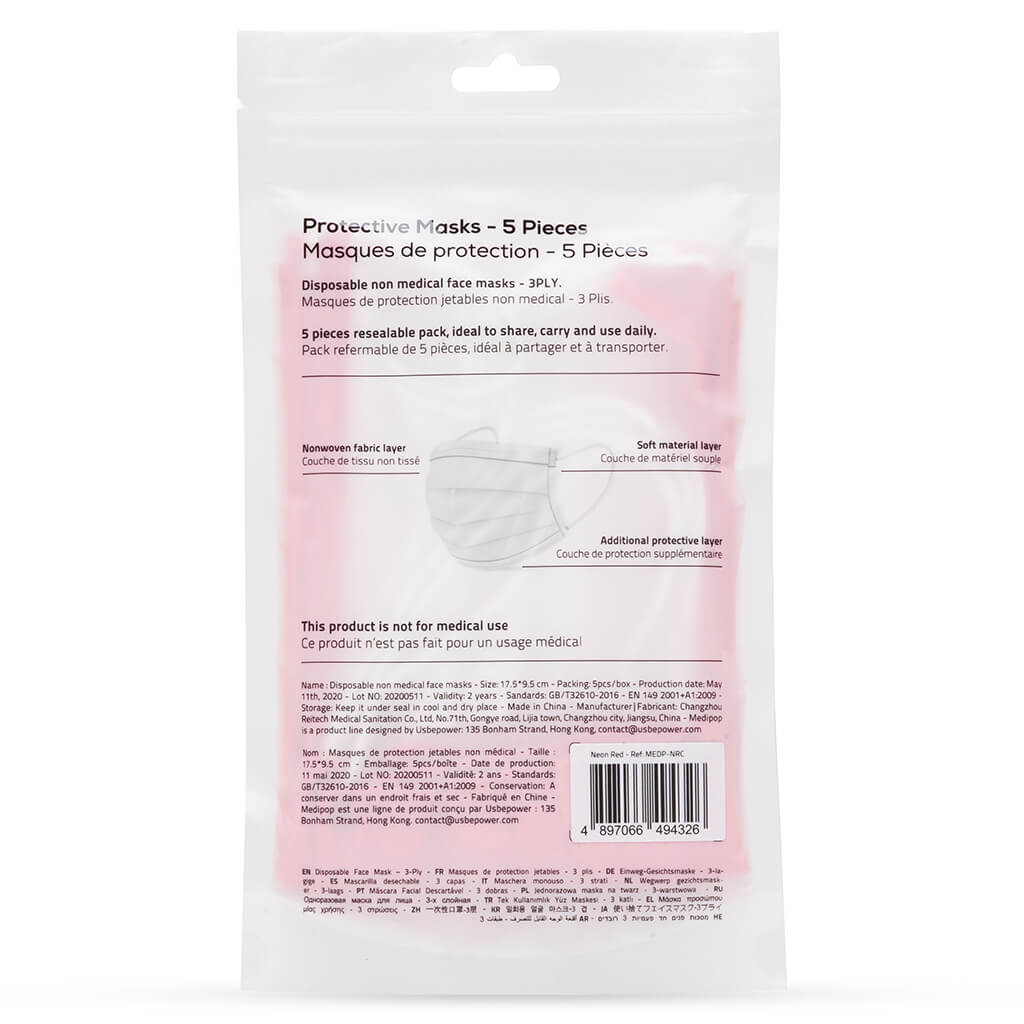 Standard Protective Masks 5 Pack - Neon Red Coral