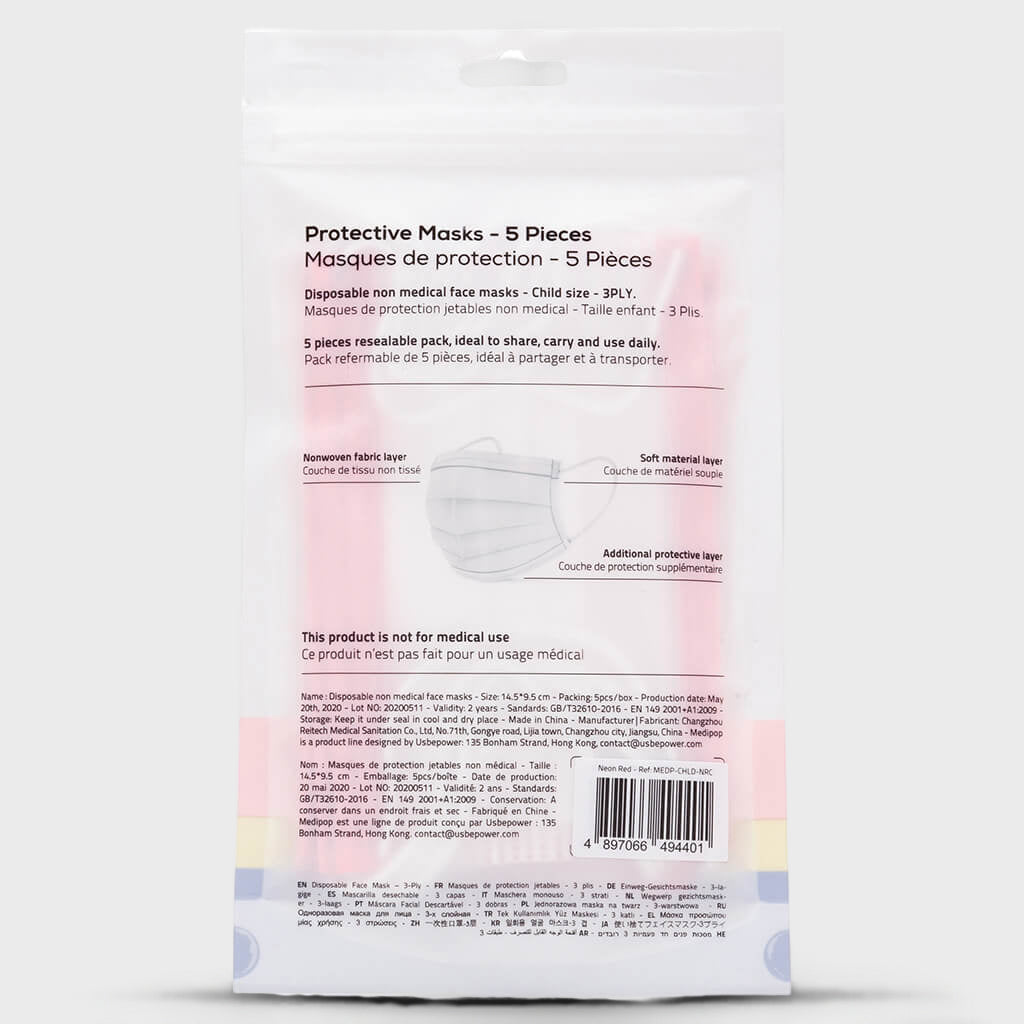STANDARD Protective Masks Child 5 Pack - Neon Pink