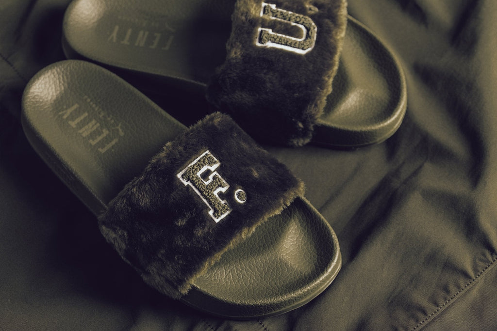 by Rihanna Unisex Leadcat Fenty FU Fur Slides - Burnt Olive/Black