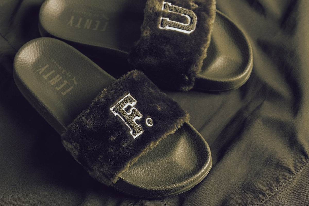 by Rihanna Unisex Leadcat Fenty FU Fur Slides - Burnt Olive/Black