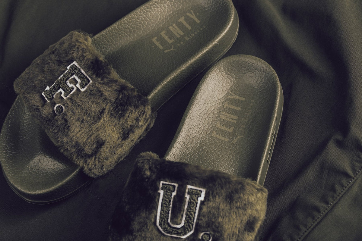 by Rihanna Unisex Leadcat Fenty FU Fur Slides - Burnt Olive/Black